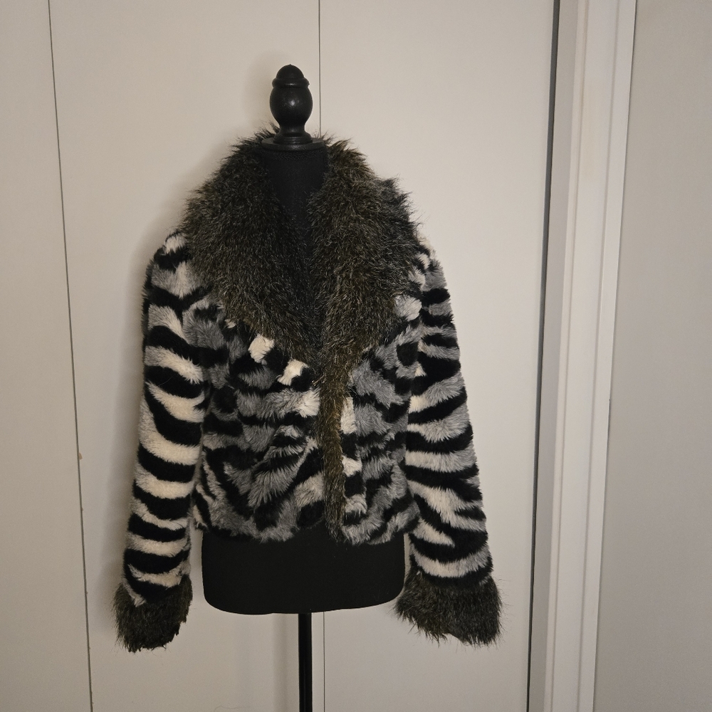 Faux Fur Zebra-Stripe Jacket with Olive Trim